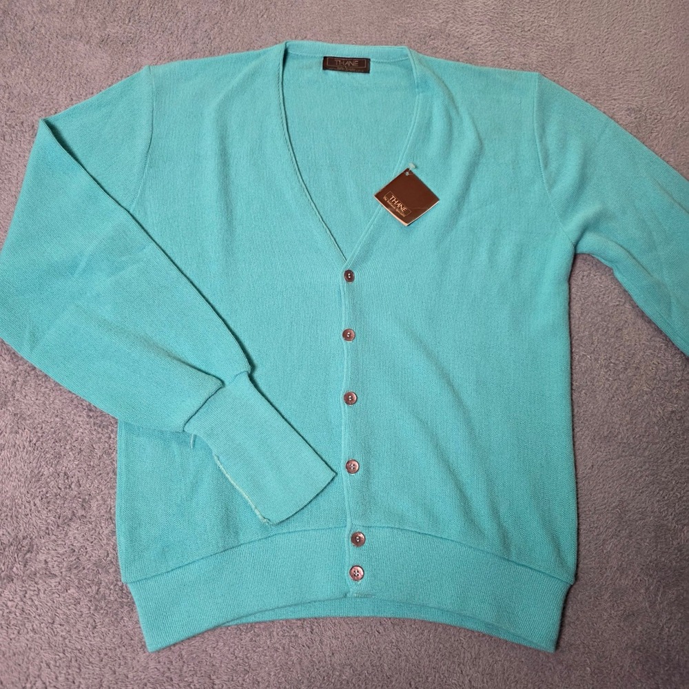 Thane Mens L Cardigan Sweater Turquoise Vintage Doral Orlon V-Neck Button Front